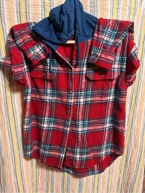 Natural Reflections Red Plaid Hooded Flannel Shirt 100% Cotton Sz S